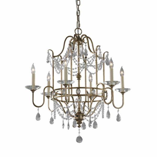 Gianna chandelier i forgyldt sølv-finish med krystalglas og 6 lyskilder