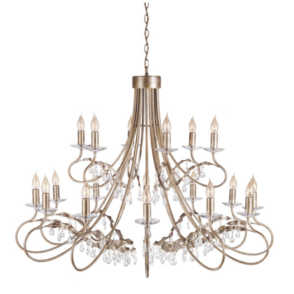 Christina chandelier i forgyldt sølv-finish med krystalglas og 18 lyskilder
