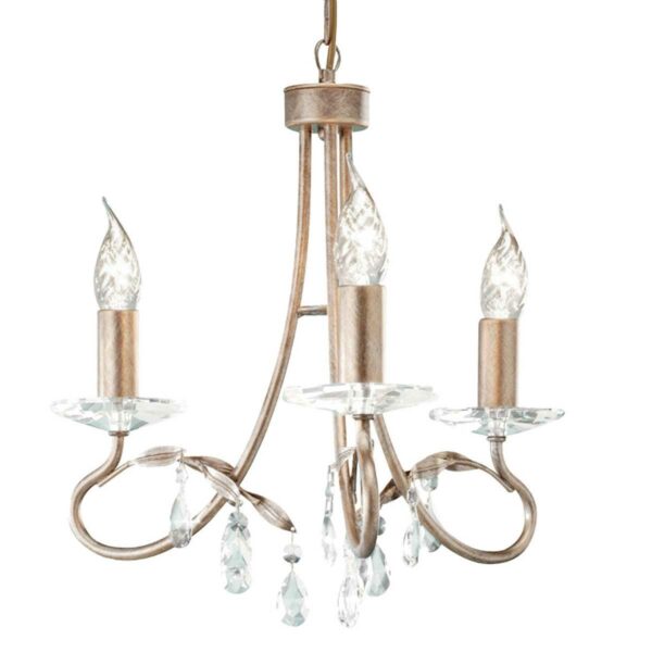 Christina chandelier i forgyldt sølv-finish med krystalglas og 3 lyskilder