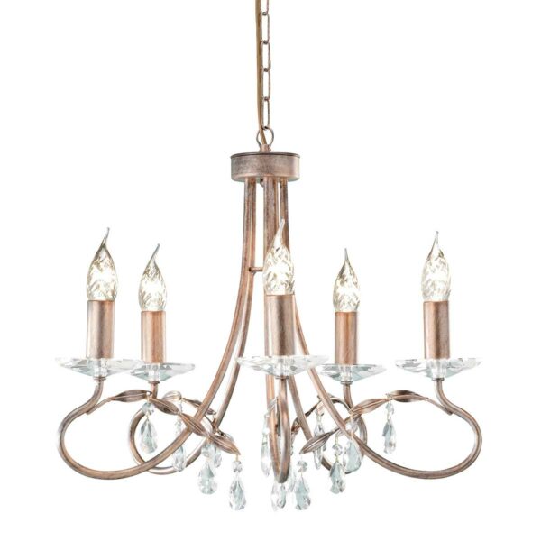 Christina chandelier i forgyldt sølv-finish med krystalglas og 5 lyskilder