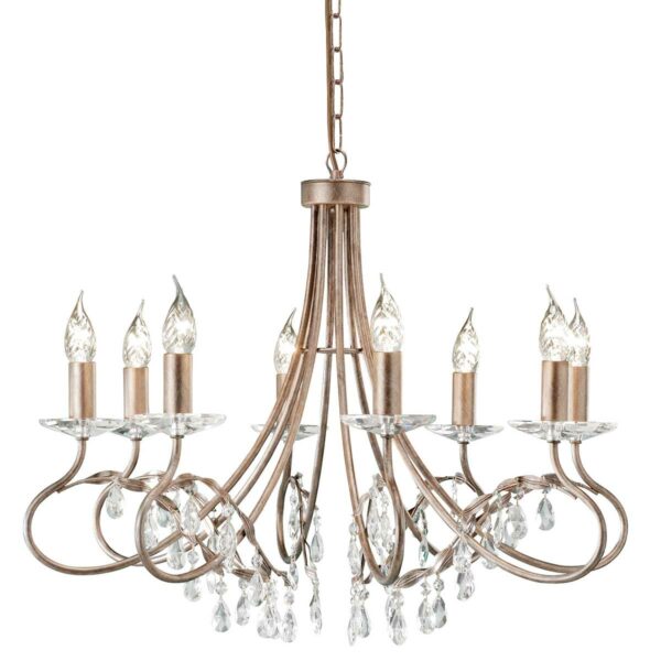 Christina chandelier i forgyldt sølv-finish med krystalglas og 8 lyskilder