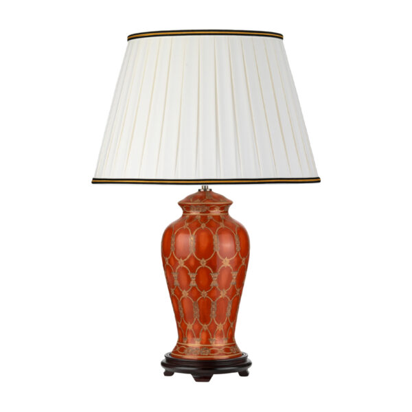 Datai orientalsk bordlampe i terracotta keramik i brun og guld med plisseskærm