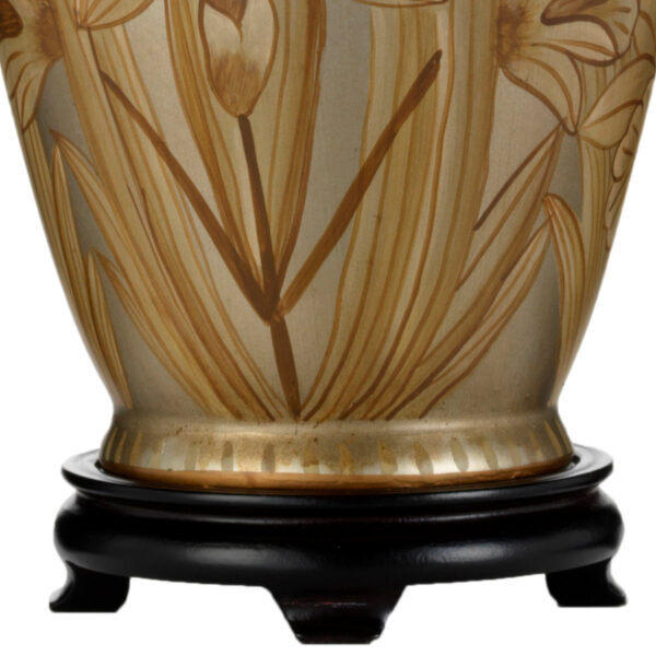 Håndmalet orientalsk bordlampe i keramik med blomster og blade i sølv-finish med plisseskærm - Image 3