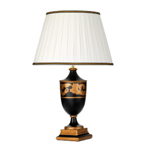 Narbonne bordlampe i sort træ med guldmalede blade og plisseskærm