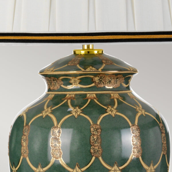 Sashi orientalsk bordlampe i keramik i grøn, brun og guld med plisseskærm - Image 3