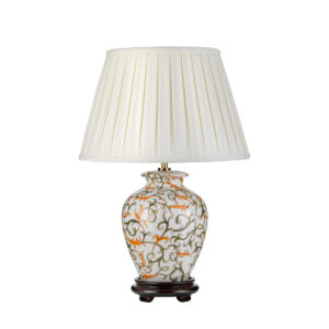 Soling orientalsk bordlampe i keramik i creme, grøn og orange med plisseskærm