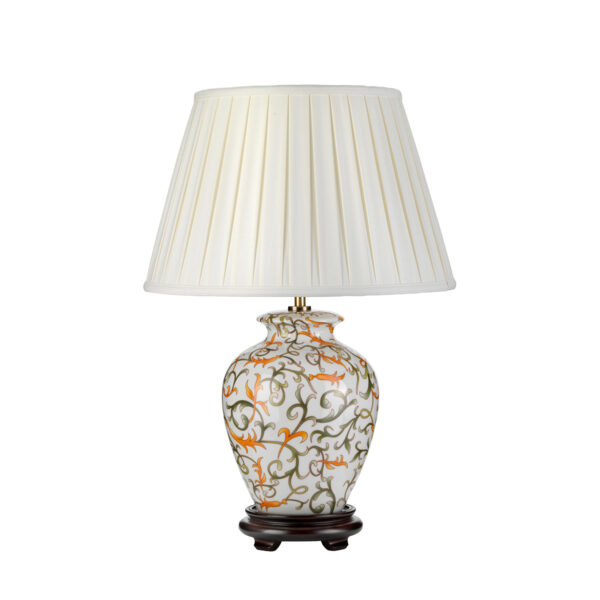 Soling orientalsk bordlampe i keramik i creme, grøn og orange med plisseskærm