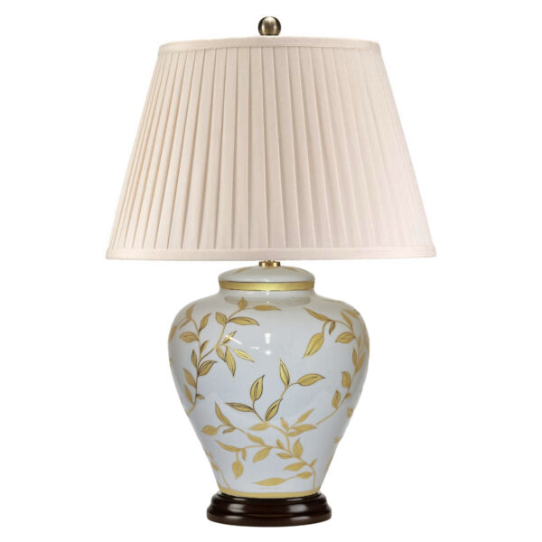 Løvfald orientalsk bordlampe i grålig porcelæn, med guldblade og creme med plisseskærm