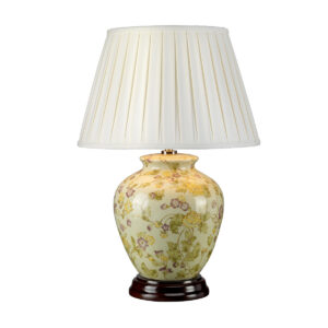 Gul blomst orientalsk bordlampe i porcelæn i gul, lilla og creme med plisseskærm