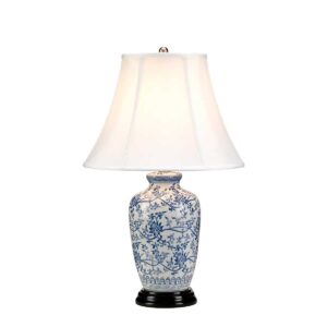 Ingefærskrukke orientalsk bordlampe i porcelæn i blå og hvid med empireskærm
