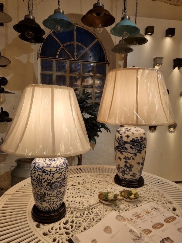 Ingefærskrukke orientalsk bordlampe i porcelæn i blå og hvid med empireskærm - Image 5