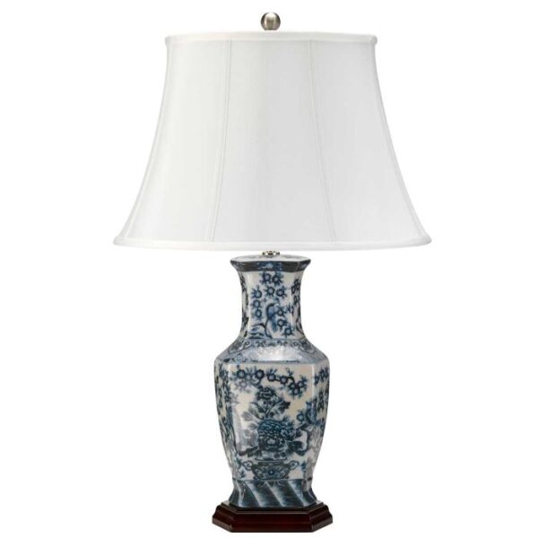 Orientalsk bordlampe i porcelæn i blå og hvid med blomster og empireskærm - Image 6