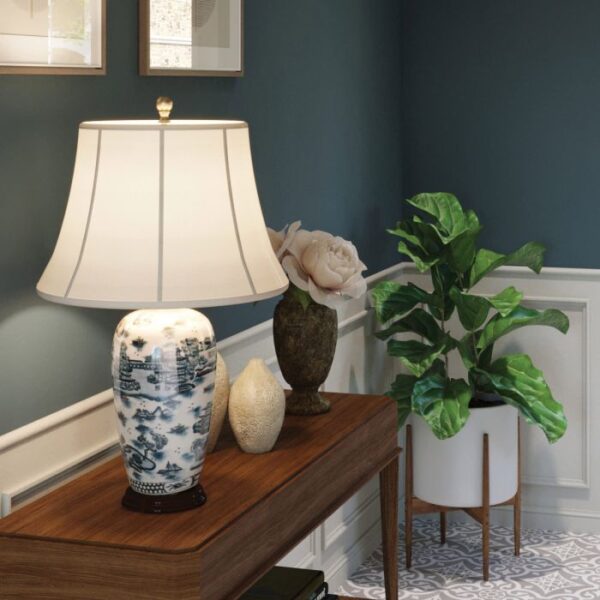 Blå tradition orientalsk bordlampe i porcelæn i hvid og blå med empireskærm - Image 3