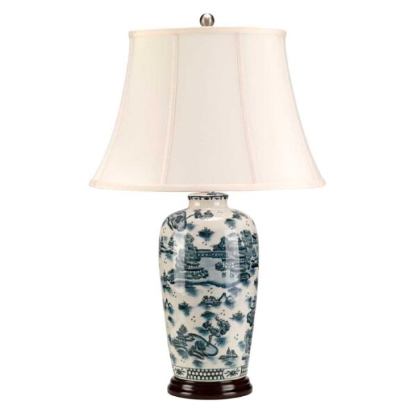 Blå tradition orientalsk bordlampe i porcelæn i hvid og blå med empireskærm - Image 4