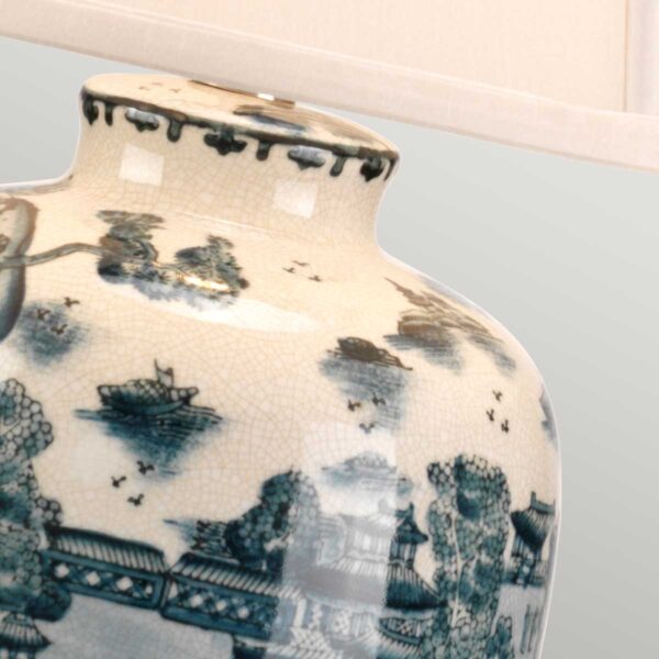 Blå tradition orientalsk bordlampe i porcelæn i hvid og blå med empireskærm - Image 3