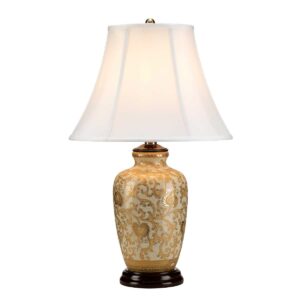 Orientalsk bordlampe i porcelæn i guld og creme med empireskærm