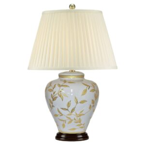 Løvfald orientalsk bordlampe i grålig porcelæn, med guldblade og creme med plisseskærm