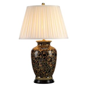 Morris L orientalsk bordlampe i porcelæn i guld og sort med plisseskærm