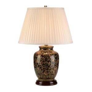 Morris S orientalsk bordlampe i porcelæn i guld og sort med plisseskærm