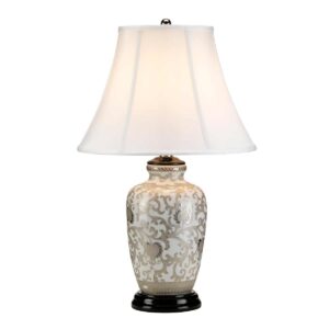 Orientalsk bordlampe i porcelæn i sølv og hvid med empireskærm