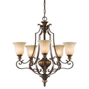 Rungsted lysekrone i antik bronze-finish med ravfarvet glas og 5 lyskilder
