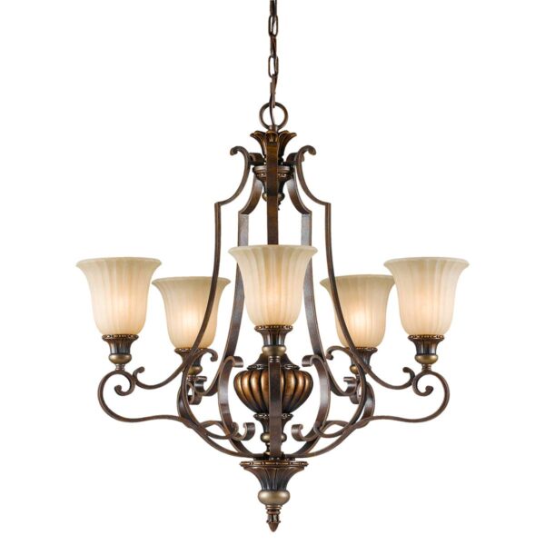 Rungsted lysekrone i antik bronze-finish med ravfarvet glas og 5 lyskilder