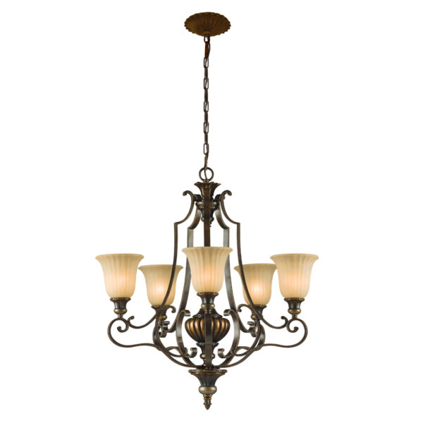 Rungsted lysekrone i antik bronze-finish med ravfarvet glas og 5 lyskilder - Image 3