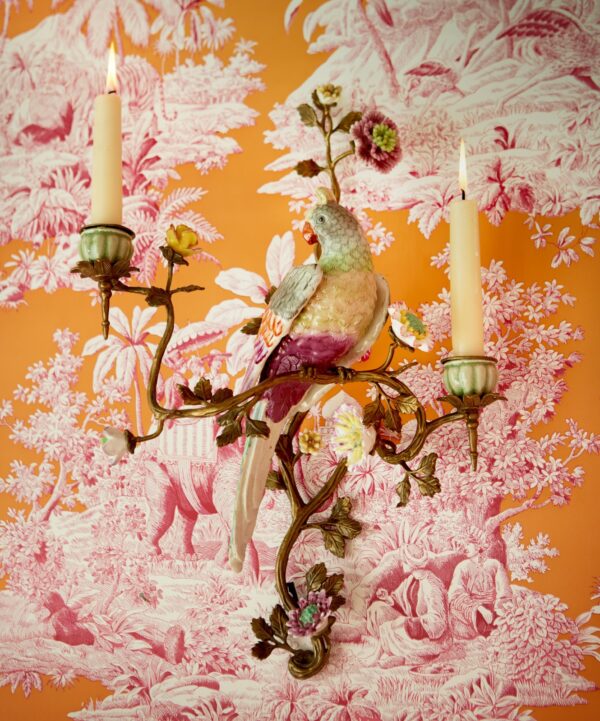 Væglysestage V med papegøje og blomster i porcelæn og messing til 2 stearinlys - Image 2