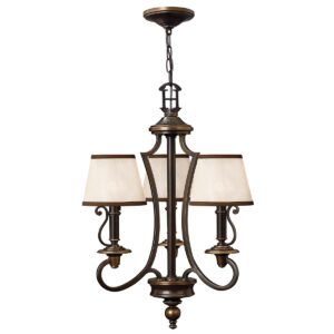 Espergærde chandelier i antik bronze-finish med organzaskærme og 3 lyskilder