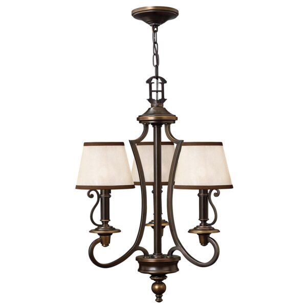 Espergærde chandelier i antik bronze-finish med organzaskærme og 3 lyskilder
