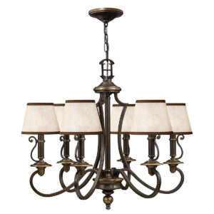 Espergærde chandelier i antik bronze-finish med organzaskærme og 6 lyskilder
