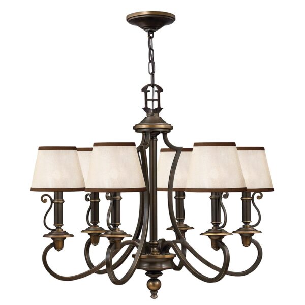 Espergærde chandelier i antik bronze-finish med organzaskærme og 6 lyskilder