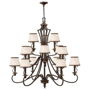 Espergærde chandelier i antik bronze-finish med organzaskærme og 15 lyskilder