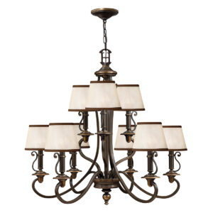 Espergærde chandelier i antik bronze-finish med organzaskærme og 9 lyskilder