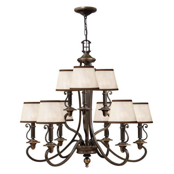 Espergærde chandelier i antik bronze-finish med organzaskærme og 9 lyskilder