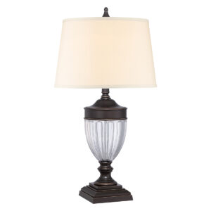 Frederiksberg bordlampe i antik bronze-finish, rillet glas og creme bomuldsskærm