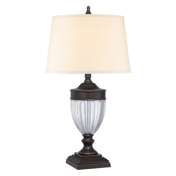 Frederiksberg bordlampe i antik bronze-finish, rillet glas og creme bomuldsskærm
