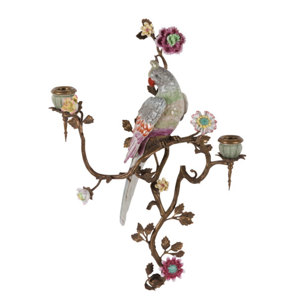 Væglysestage V med papegøje og blomster i porcelæn og messing til 2 stearinlys