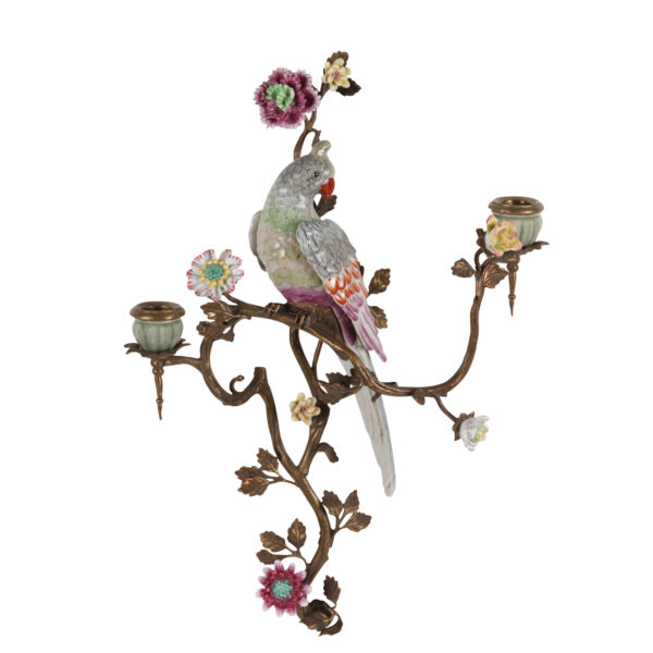 Væglysestage H med papegøje og blomster i porcelæn og messing til 2 stearinlys