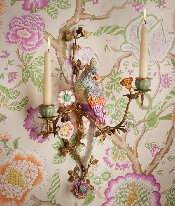 Væglysestage H med papegøje og blomster i porcelæn og messing til 2 stearinlys - Image 2