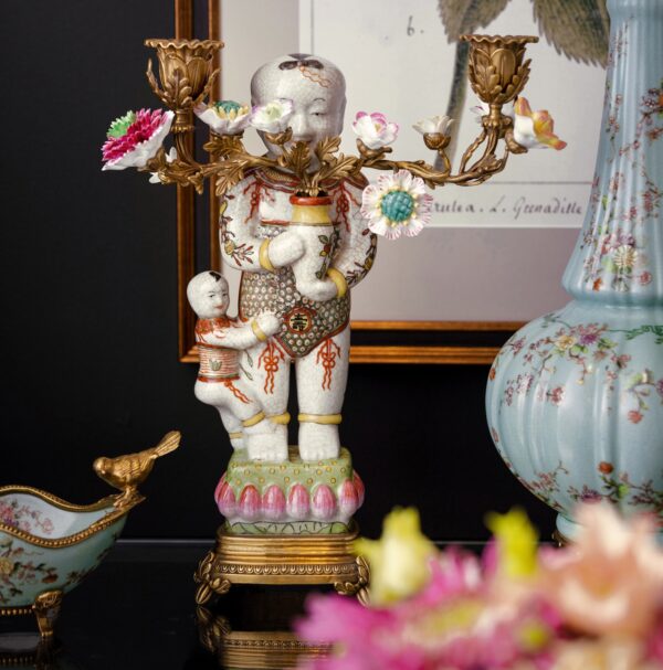2 lysestager mor og barn og blomster i porcelæn og messing til 2 stearinlys - Image 2