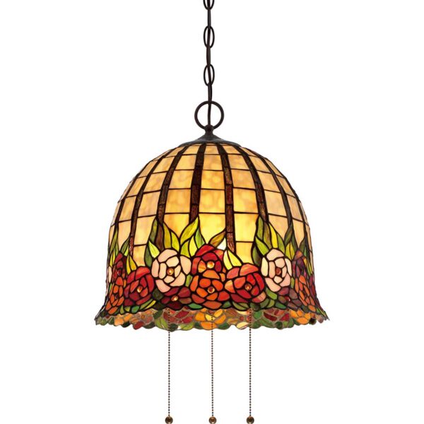 Tiffany Rose hængelampe i kæde i vintage bronze-finish med 3 lyskilder