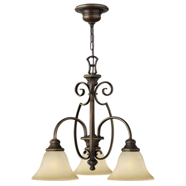 Viborg lysekrone i antik bronze-finish med røgfarvet glas og 3 lyskilder