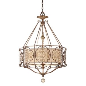 Marcella chandelier i patineret bronze og guld-finish med creme glas og 3 lyskilder