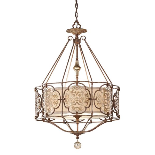Marcella chandelier i patineret bronze og guld-finish med creme glas og 3 lyskilder