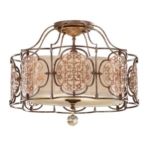 Marcella loftlampe i patineret bronze og guld-finish med creme glas og 3 lyskilder
