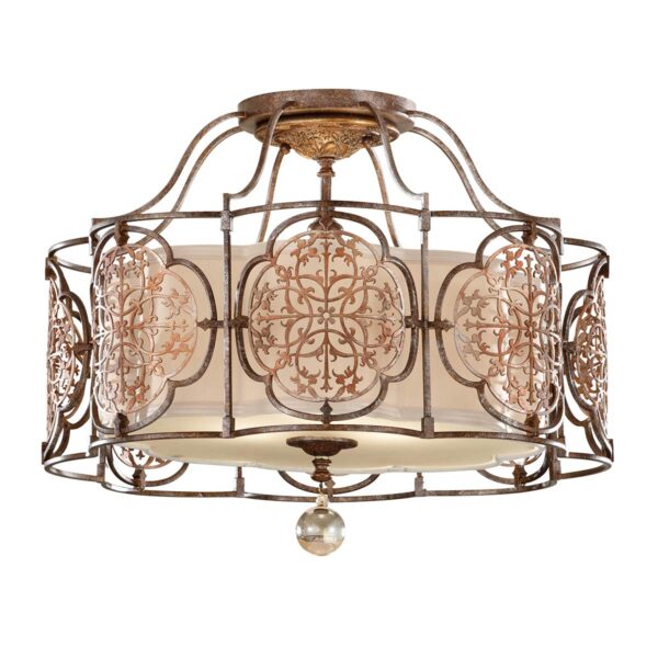 Marcella loftlampe i patineret bronze og guld-finish med creme glas og 3 lyskilder