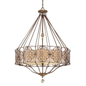 Marcella chandelier i patineret bronze og guld-finish med creme glas og 4 lyskilder