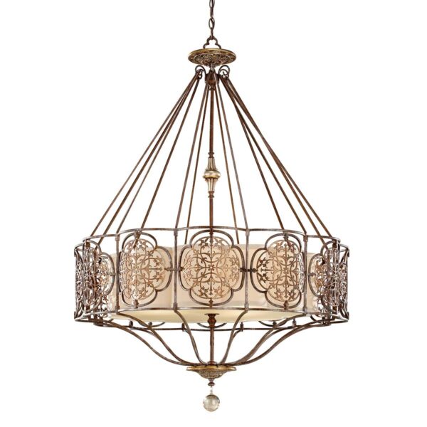Marcella chandelier i patineret bronze og guld-finish med creme glas og 4 lyskilder