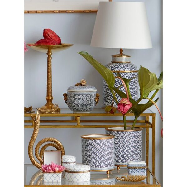 Tea bordlampe i messing og porcelæn i blå og hvide farver - Image 4